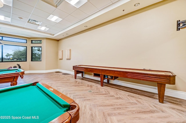 recreation room with a raised ceiling, visible vents, baseboards, billiards, and a paneled ceiling