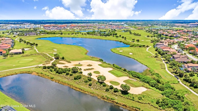 bird's eye view featuring a residential view, a water view, and view of golf course