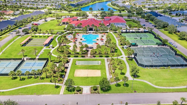 aerial view featuring a water view