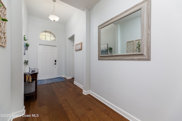 entryway featuring baseboards and dark wood-style flooring