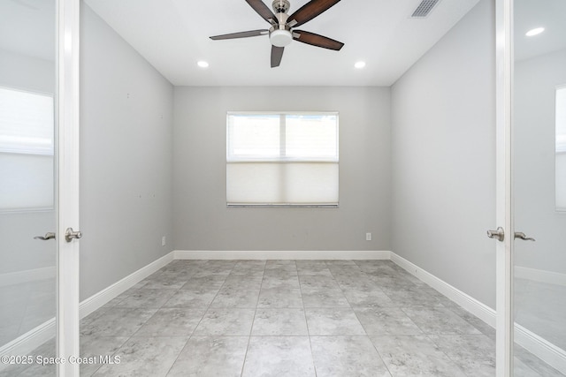 unfurnished room featuring recessed lighting, baseboards, visible vents, a ceiling fan, and french doors