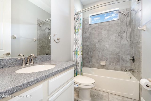 bathroom with shower / bath combo with shower curtain, tile patterned floors, toilet, and vanity