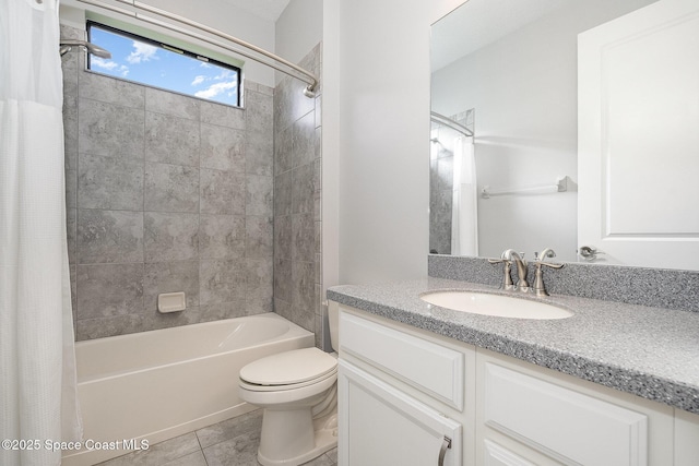 bathroom with tile patterned floors, shower / tub combo, toilet, and vanity