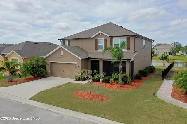 436 Great Falls Ln SW, Palm Bay, FL 32908 - craftsman-style home with fence, a garage, stucco siding, a front yard, and concrete driveway