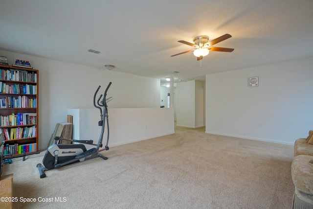 436 Great Falls Ln SW, Palm Bay, FL 32908 - exercise area with carpet floors, ceiling fan, visible vents, and baseboards
