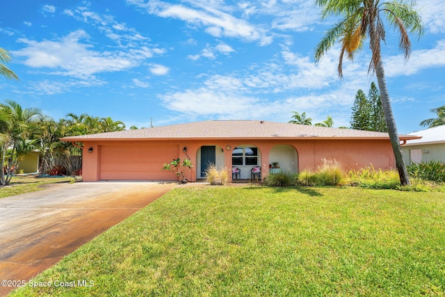 ranch-style home featuring stucco siding, concrete driveway, a front lawn, and a garage