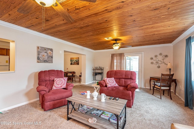 carpeted living room with crown molding, wooden ceiling, ceiling fan, and visible vents