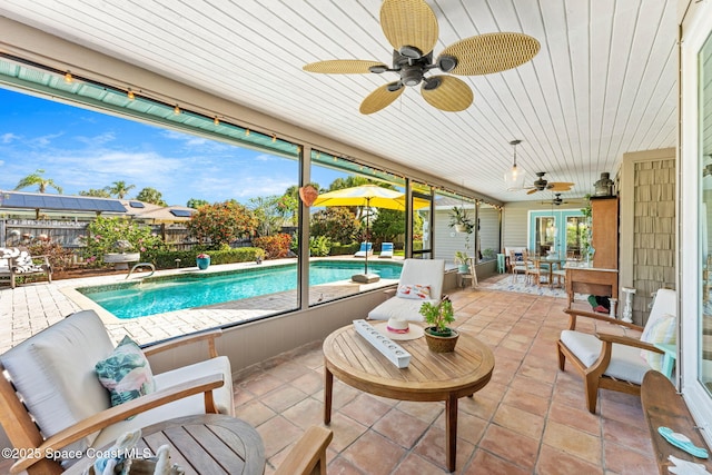 320 Amberjack Pl, Melbourne Beach, FL 32951 - view of swimming pool with fence private yard, french doors, a fenced in pool, a ceiling fan, and a patio area