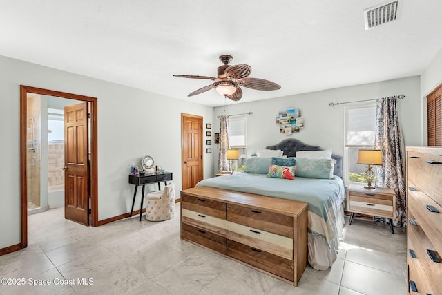 320 Amberjack Pl, Melbourne Beach, FL 32951 - bedroom with visible vents, a ceiling fan, baseboards, and ensuite bath