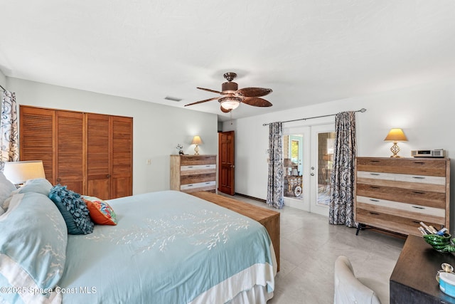 320 Amberjack Pl, Melbourne Beach, FL 32951 - bedroom featuring access to outside, french doors, a ceiling fan, visible vents, and a closet