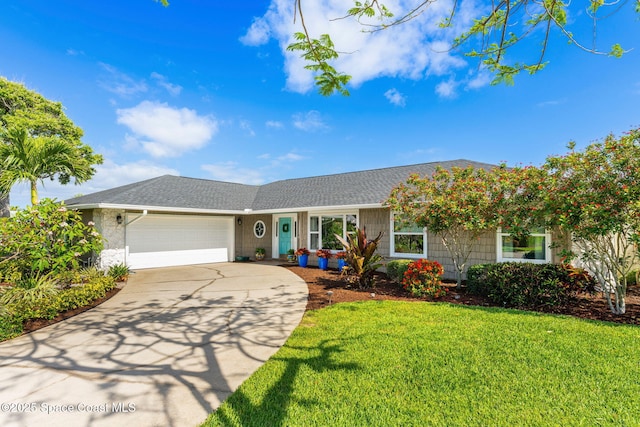 320 Amberjack Pl, Melbourne Beach, FL 32951 - ranch-style home featuring a shingled roof, an attached garage, concrete driveway, and a front yard