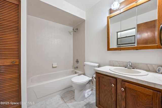 full bathroom with vanity, a closet, tile patterned floors, toilet, and tub / shower combination