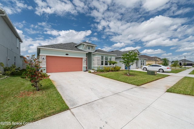 view of front facade featuring a residential view, a front lawn, a garage, stucco siding, and concrete driveway