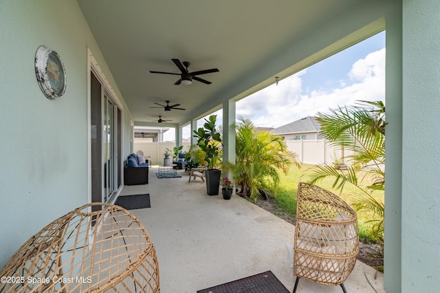 view of patio / terrace featuring a ceiling fan and a fenced backyard