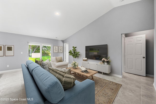 living room with light tile patterned flooring, high vaulted ceiling, and baseboards