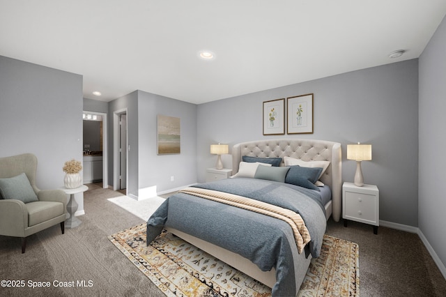 carpeted bedroom featuring baseboards and recessed lighting