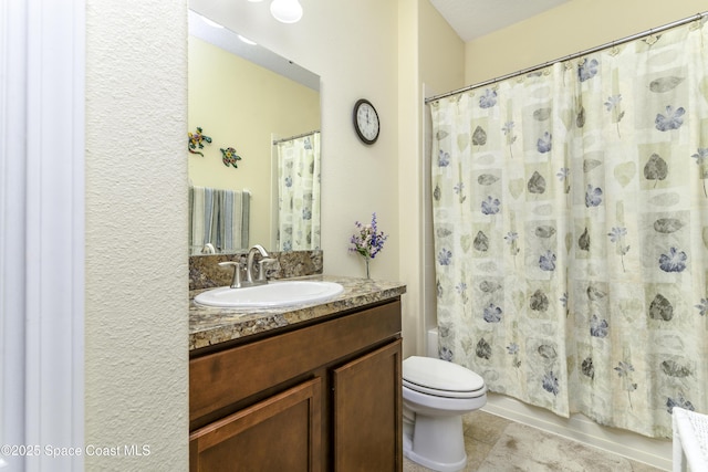 6008 Van Ness Dr, Melbourne, FL 32940 - bathroom with vanity, toilet, tile patterned floors, and shower / bath combo with shower curtain