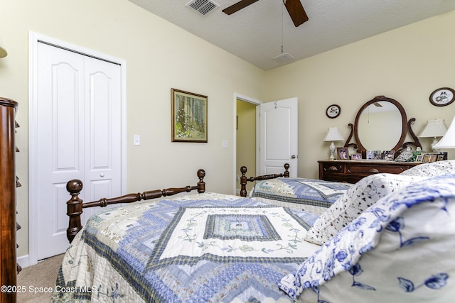 6008 Van Ness Dr, Melbourne, FL 32940 - carpeted bedroom with visible vents, a ceiling fan, and a closet
