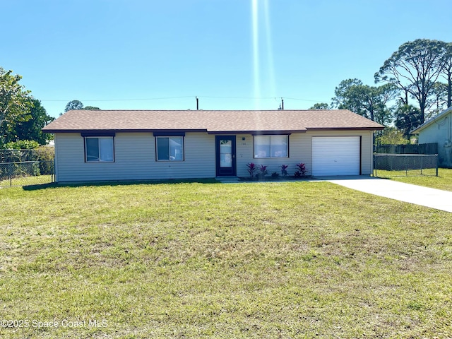 single story home with fence, driveway, a front lawn, and a garage