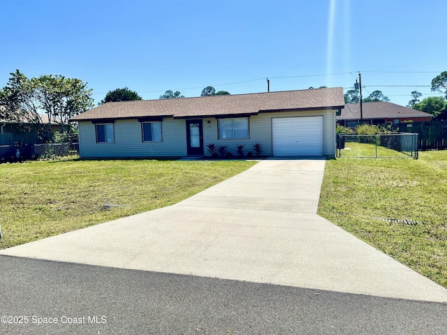 single story home featuring driveway, roof with shingles, fence, a front lawn, and a garage