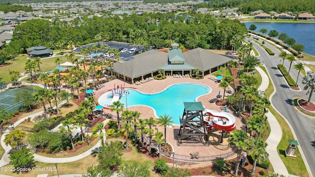 aerial view featuring a water view