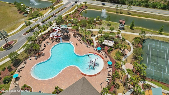drone / aerial view featuring a water view