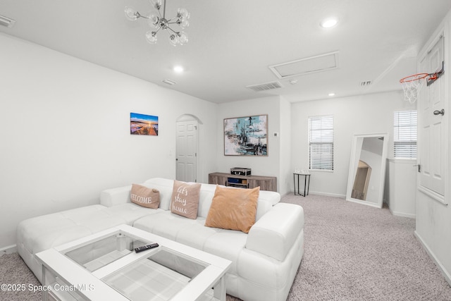 living room with carpet, visible vents, baseboards, and recessed lighting
