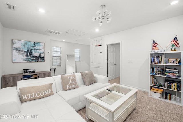 carpeted living room featuring visible vents and recessed lighting