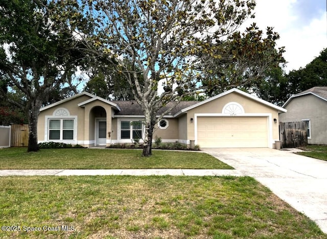 ranch-style house featuring a garage, fence, stucco siding, and concrete driveway