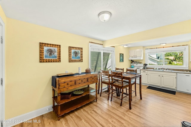 dining area with baseboards and light wood finished floors