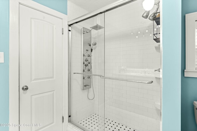 full bathroom featuring a shower stall and toilet