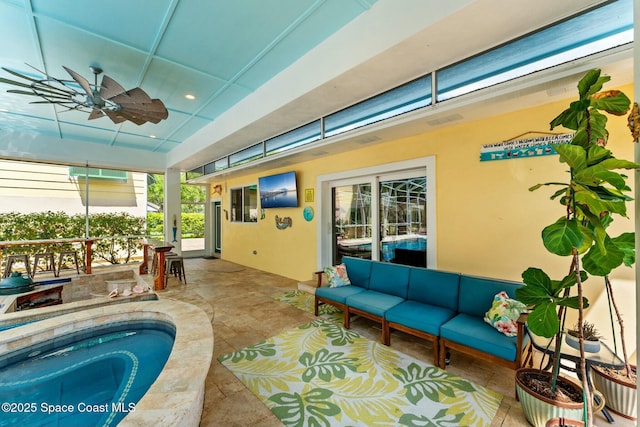 view of pool featuring ceiling fan and outdoor lounge area