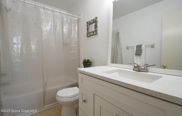bathroom featuring vanity, tile patterned floors, shower / bath combo with shower curtain, and toilet