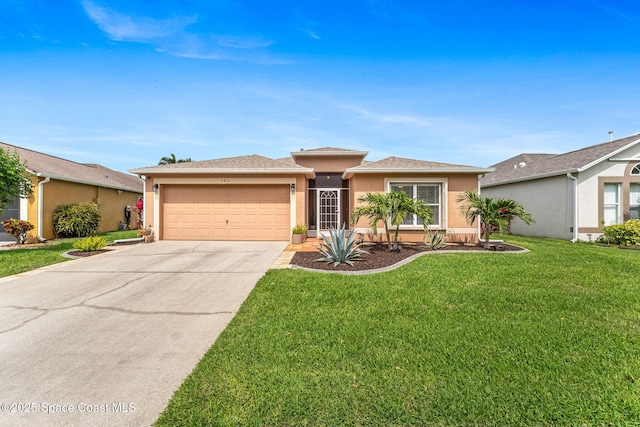 prairie-style house featuring a garage, a front lawn, stucco siding, and concrete driveway