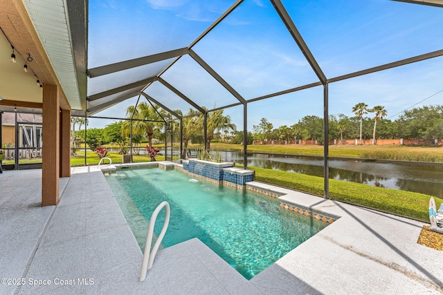 outdoor pool with a water view, a lanai, and a patio area