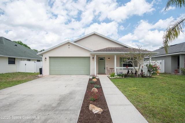 ranch-style home featuring covered porch, fence, a front lawn, an attached garage, and stucco siding