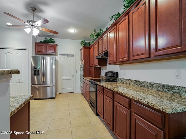 kitchen featuring a ceiling fan, under cabinet range hood, stainless steel appliances, recessed lighting, and light tile patterned flooring