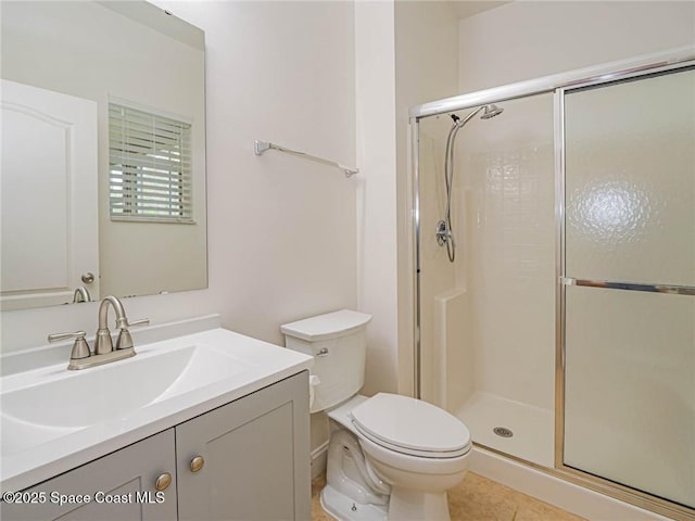 full bath with vanity, toilet, tile patterned flooring, and a stall shower