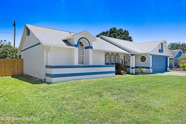 ranch-style home featuring fence, an attached garage, driveway, and stucco siding