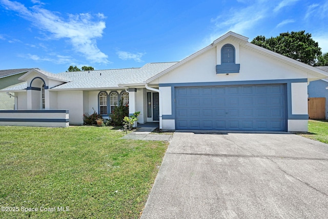 single story home featuring concrete driveway, a front yard, and stucco siding