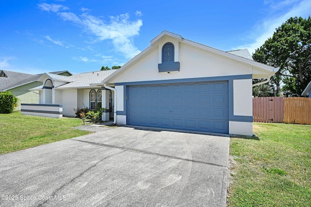 single story home featuring driveway, fence, a front lawn, an attached garage, and stucco siding