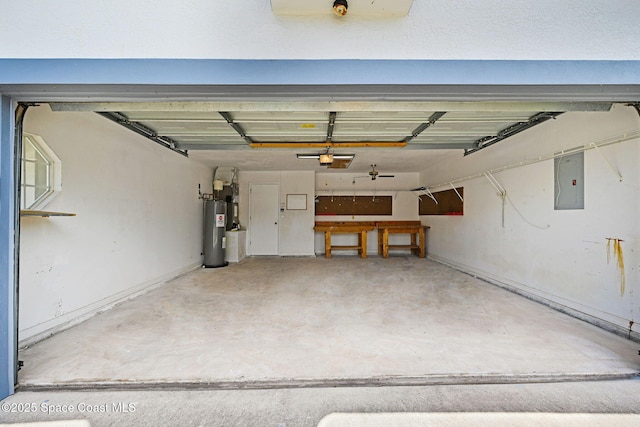 garage with electric panel and electric water heater
