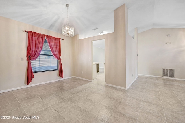 tiled empty room with a chandelier, visible vents, and lofted ceiling