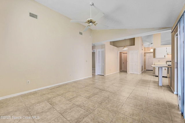 unfurnished living room with a ceiling fan, baseboards, and visible vents