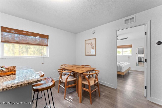 299 E Central Blvd Unit 6, Cape Canaveral, FL 32920 - dining space featuring a textured ceiling, baseboards, wood finished floors, and visible vents