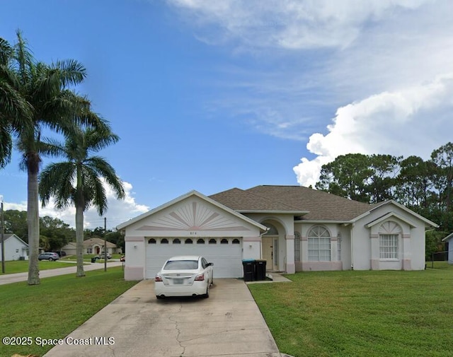ranch-style home with a front yard, roof with shingles, stucco siding, an attached garage, and driveway