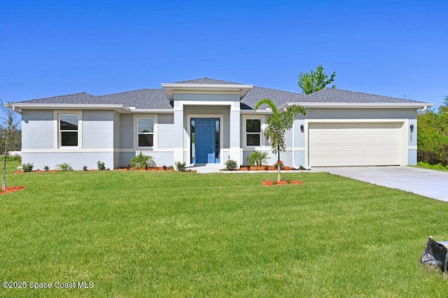 1401 Wyoming Dr SE, Palm Bay, FL 32909 - view of front of house featuring an attached garage, a front lawn, stucco siding, and driveway