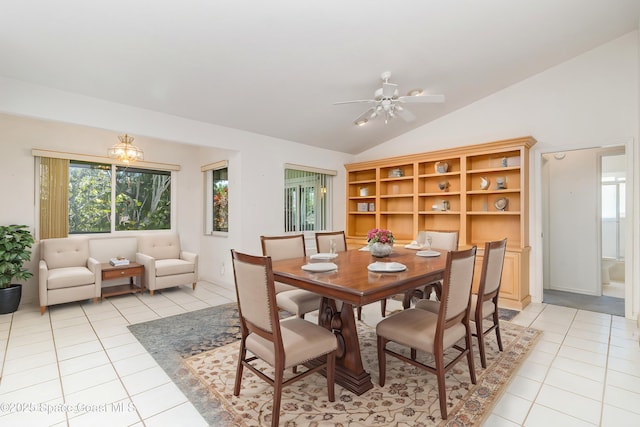 1523 Tippicanoe Ct, Melbourne, FL 32940 - dining space featuring a ceiling fan, lofted ceiling, light tile patterned flooring, and a healthy amount of sunlight
