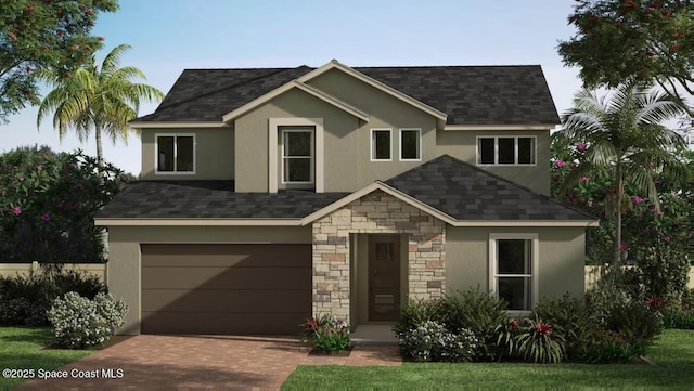 2512 Carrick St NW, Palm Bay, FL 32907 - traditional home with stone siding, roof with shingles, a garage, stucco siding, and decorative driveway