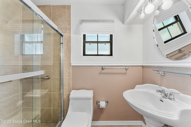 full bathroom featuring a sink, toilet, and a shower stall